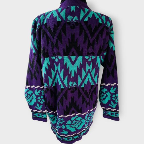 J C & Louis Sweater Vintage Neon Mock Neck Roses Aztec Purple Alternative Large - Picture 7 of 9